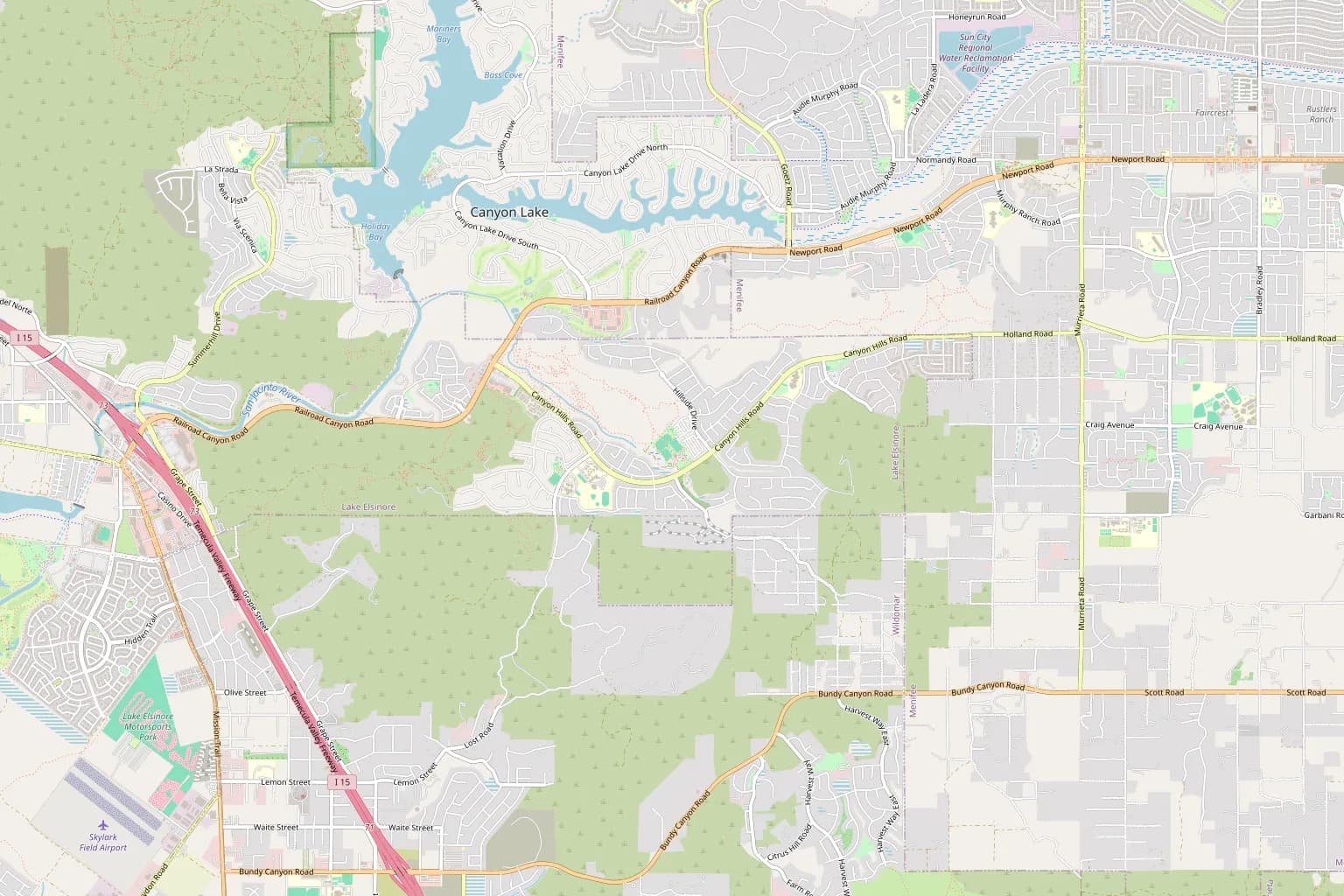 Street map of Canyon Hills in Lake Elsinore, between Railroad Canyon Road and Canyon Lake