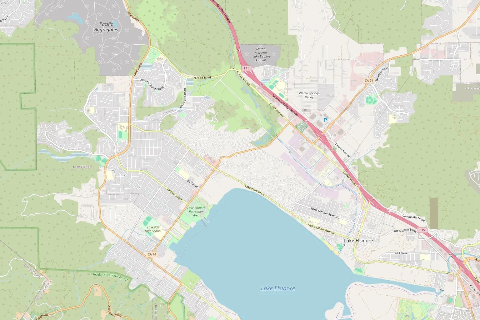 Street map of Country Club Heights above the north shore of Lake Elsinore