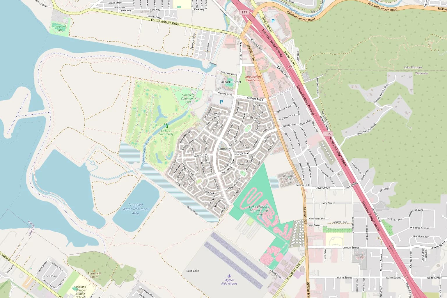 Street map of Summerly in Lake Elsinore, beside the lake and the Links at Summerly