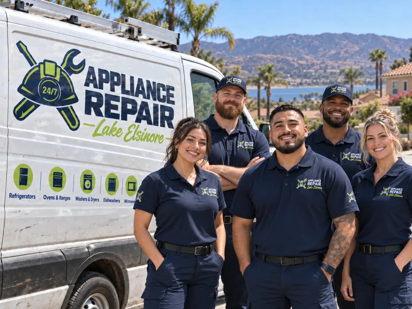 Technicians in Appliance Repair Lake Elsinore uniforms beside a branded service van