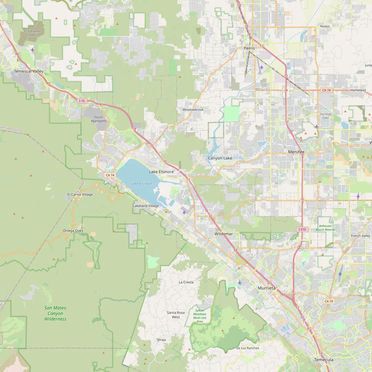 Map centred on Lake Elsinore, showing Wildomar, Canyon Lake, and Perris