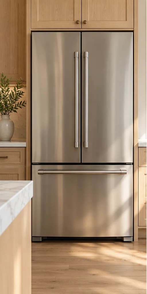Illustrative stainless steel refrigerator in an oak kitchen